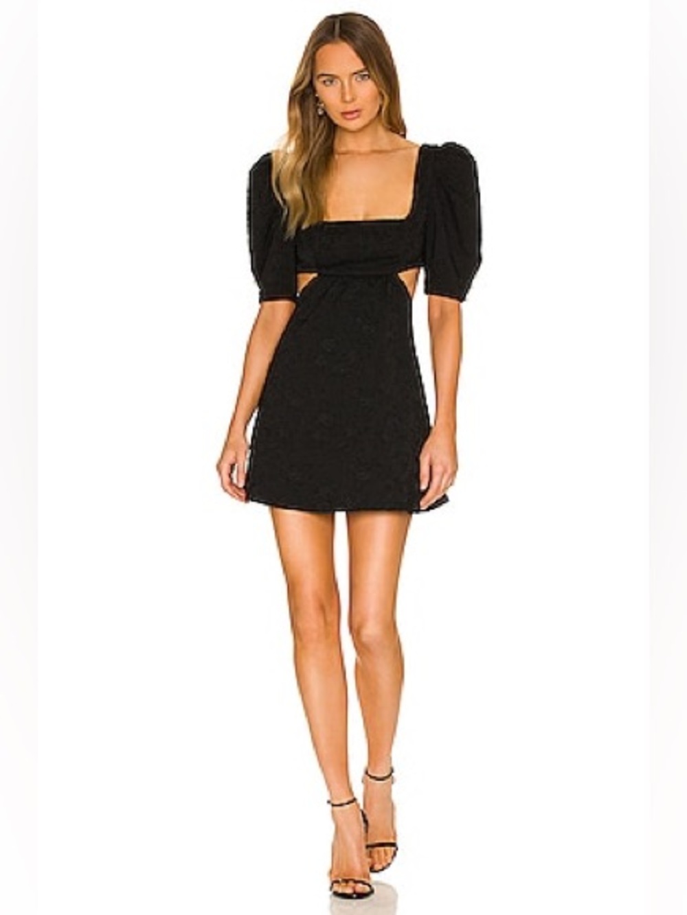 Majorelle Tillie Square Neck Puff Sleeves Black Jacquard Mini Dress with Cutouts